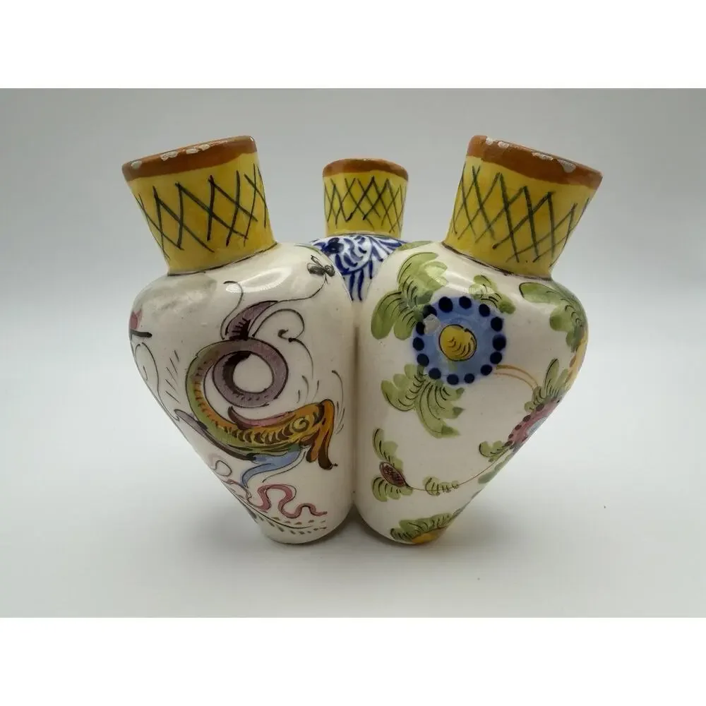 Mid-Century Modern Italian Pottery Hand Painted 3 Connected Cluster Vases